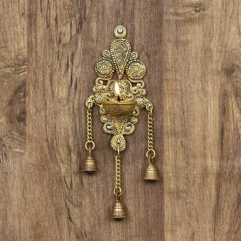 Ethnic Decorative Diya With Bells Wall Hanging media 1