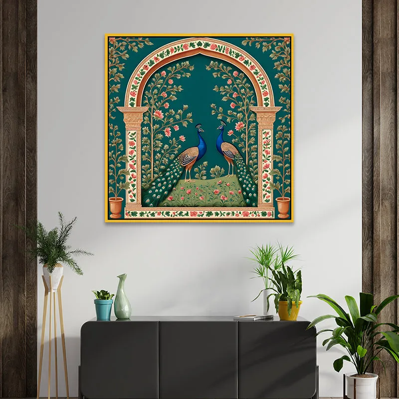 Vibrant Mayura Duo Canvas Wall Painting With Frame - Gold media 1