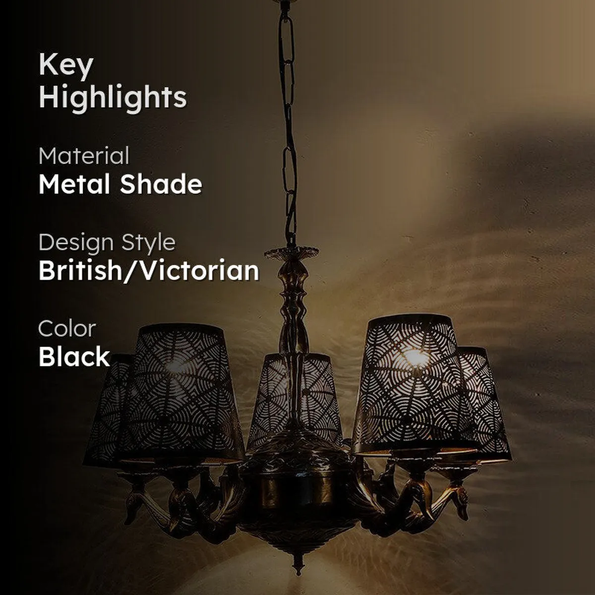 Ceiling lamp shown lit with etched shades and decorative antique finish