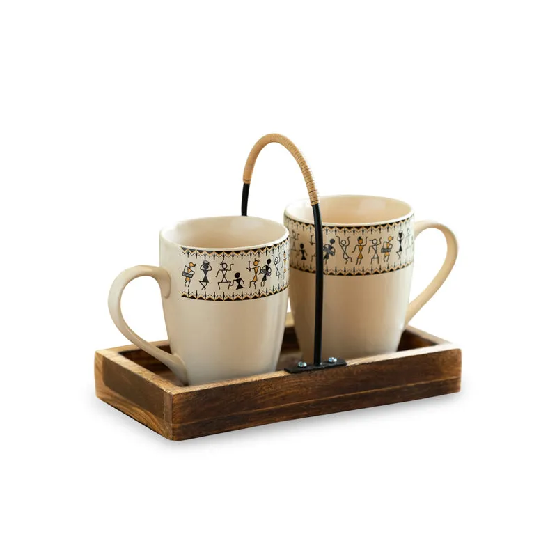 Warli Ceramic Coffee Mug (300 mL Each) - Three Piece Set media 3