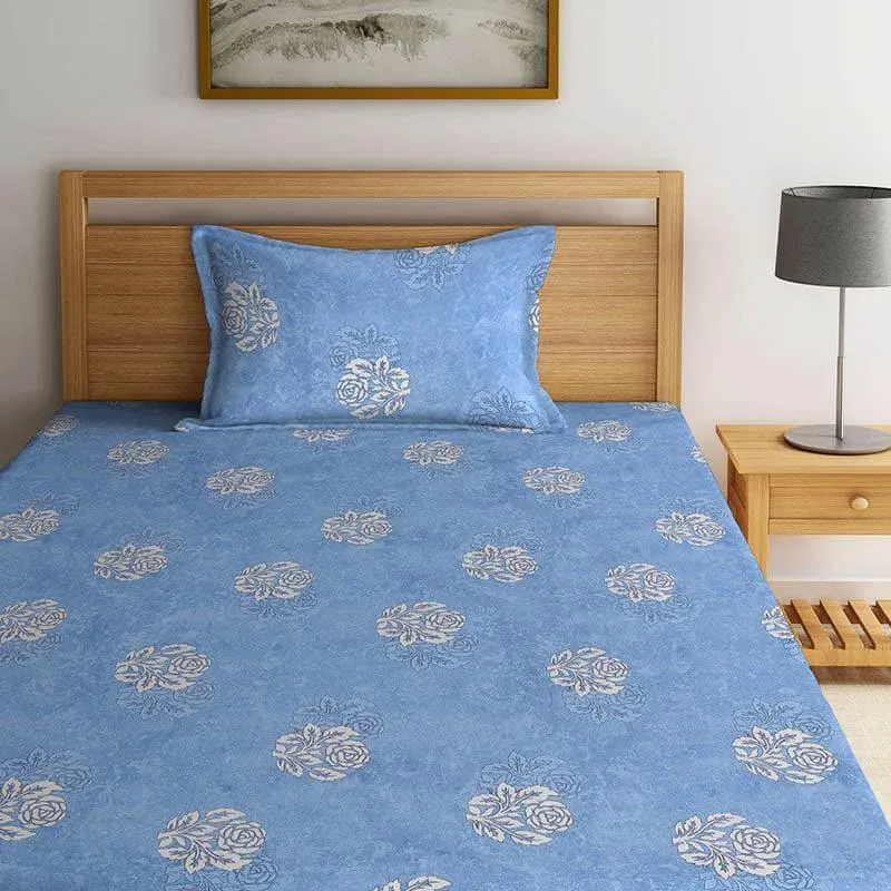 Plum Plume Cotton Bedsheet (Blue) - 400 TC media 1