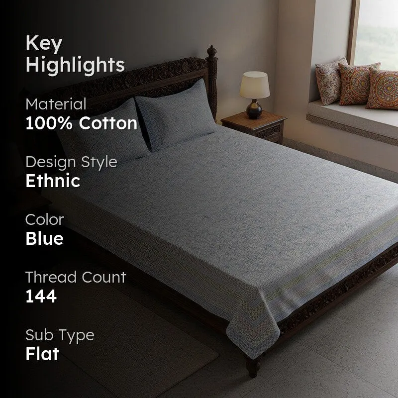 Saagara Floral Cotton Bedsheet (Light Blue) - 144 TC media 2