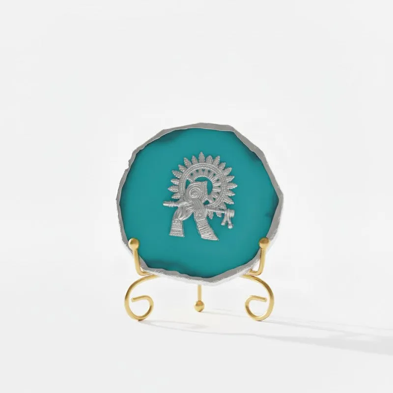Divine Murli Aura Agate Showpiece With Stand - Blue & Gold media 3