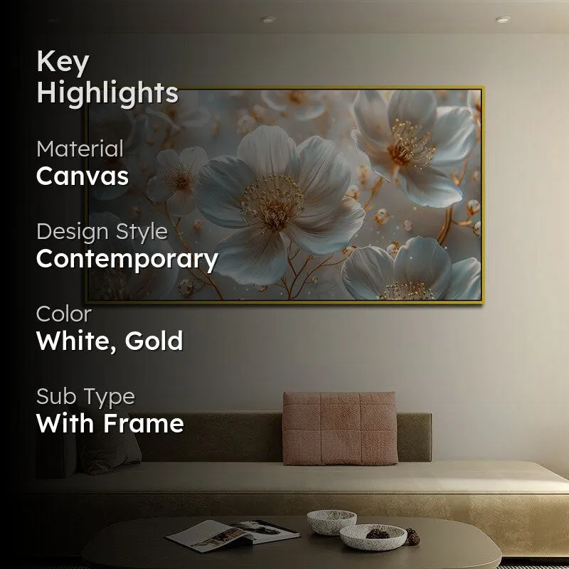 Celestial Ivory Petals Floral Canvas Wall Painting With Frame - Gold media 2