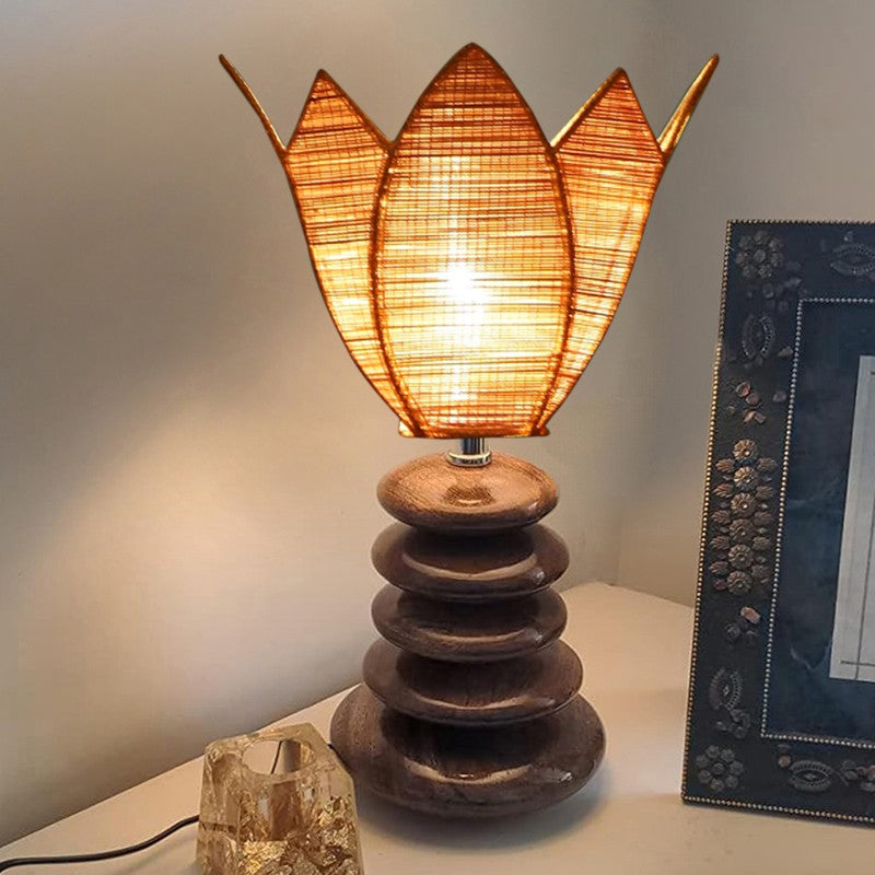 Solenis Bamboo Table Lamp With Wooden Base - Beige