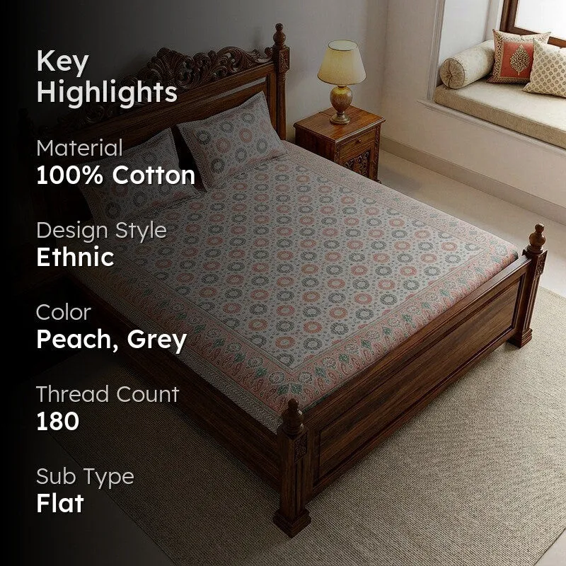 Sienna Ethnic Cotton Bedsheet (Peach) - 180 TC media 2