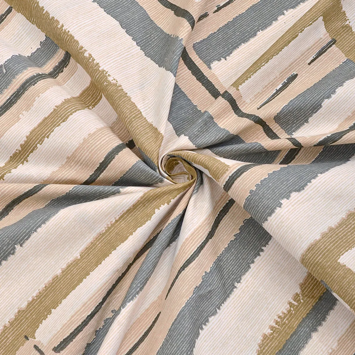 Close-up of soft-looking beige and grey striped bedsheet fabric