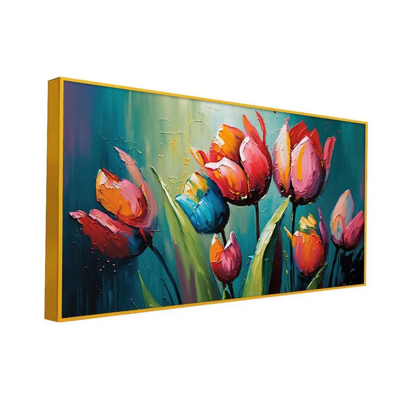Tulip Brushstrokes Floral Canvas Wall Painting With Frame - Gold media 3
