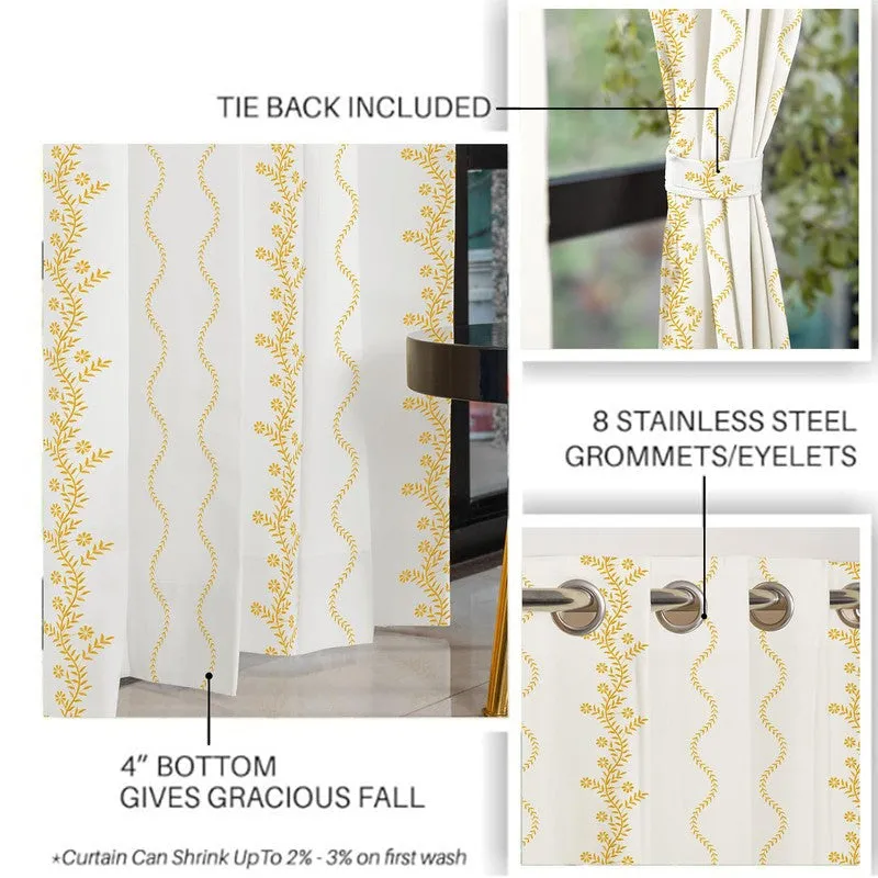 Urban Space Boho White and Yellow cotton room-darkening curtain panel showing floral print detail