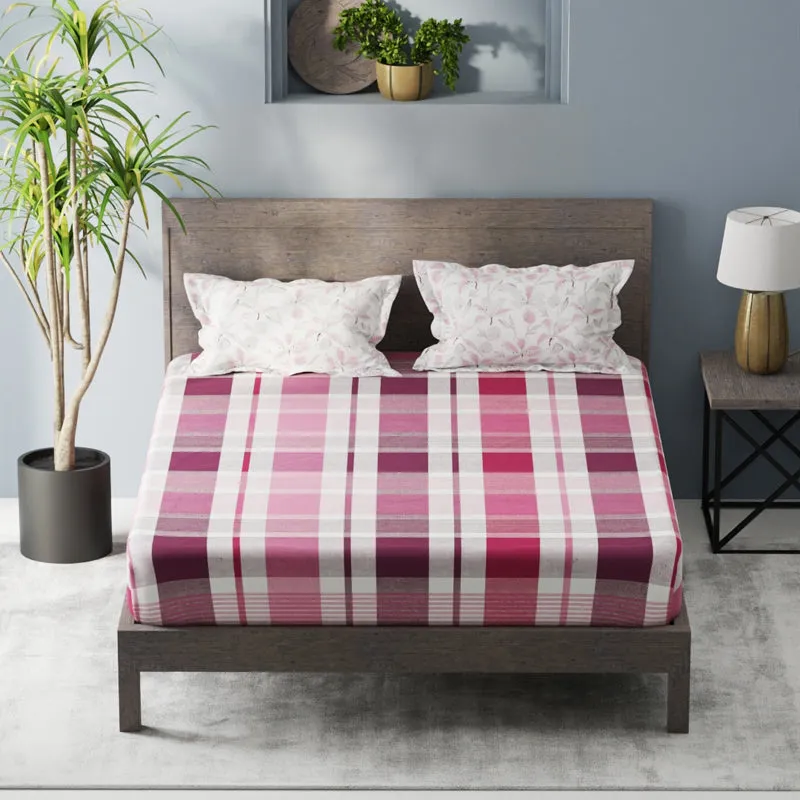 Check Flora Microfiber Microfiber Bedsheet (Maroon, Pink) - 150 GSM media 1