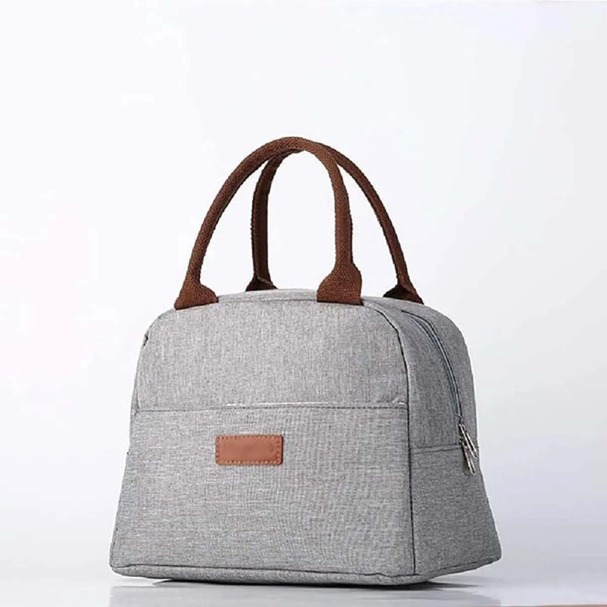 Grey lunch bag shown upright against a plain background