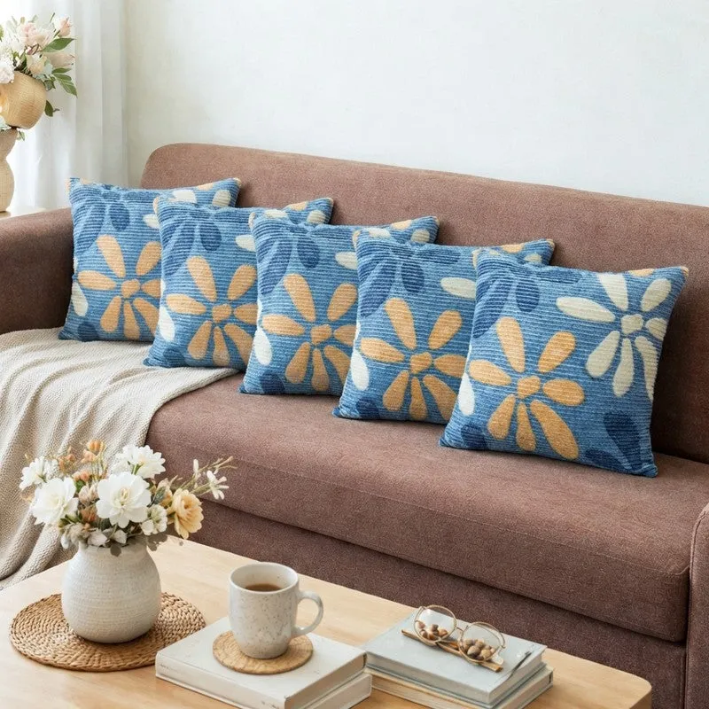 FloralGrace Cushion Cover (Blue, Yellow) - Set Of Five media 1