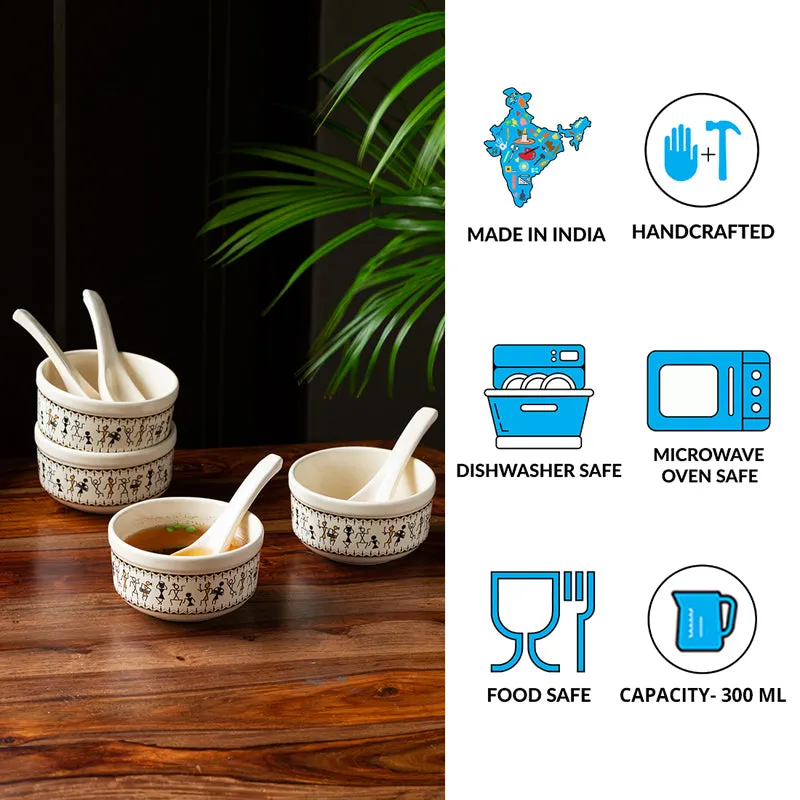 Warli Whirls Handcrafted Ceramic Soup Bowl With Spoon (300 ML) - Eight Piece Set media 6