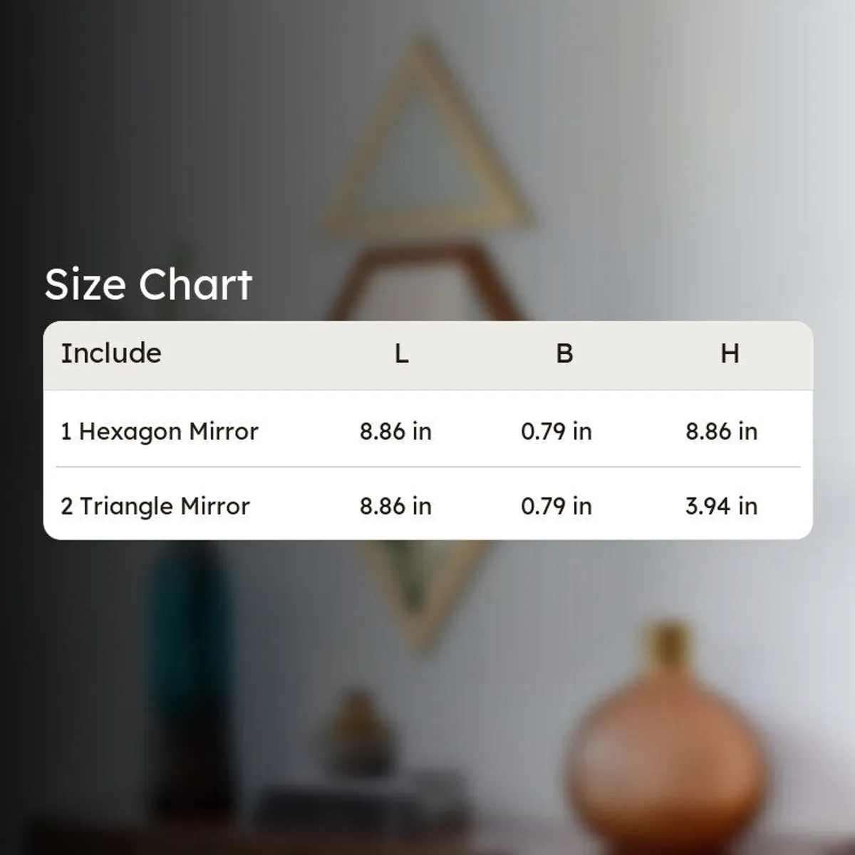 Size chart image for hexagon and triangle mirror set