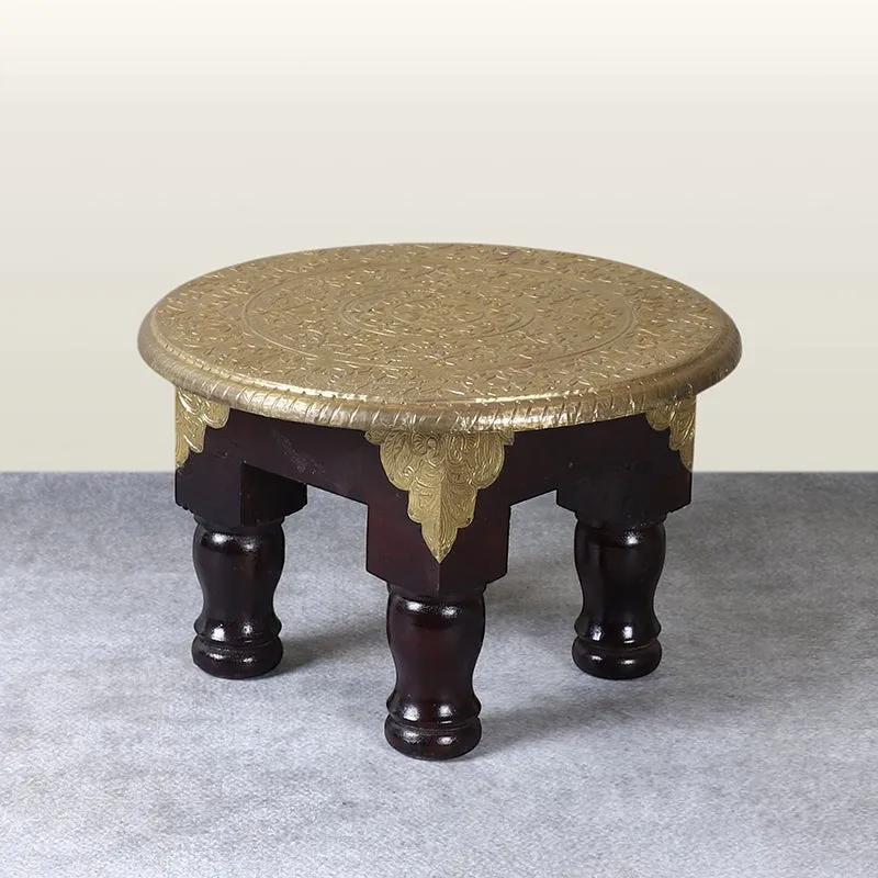 Gilded Blooms Brass Fitted Ethnic Mango Wood & MDF Stool media 3