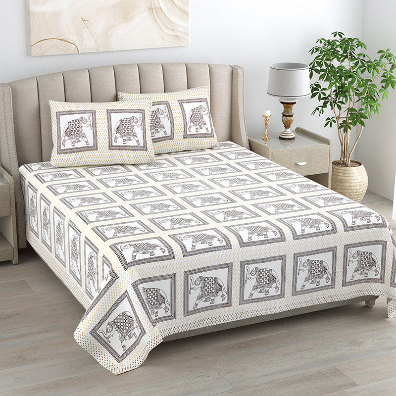 Trunks n Tusks Cotton Bedsheet (Brown) - 144 TC
