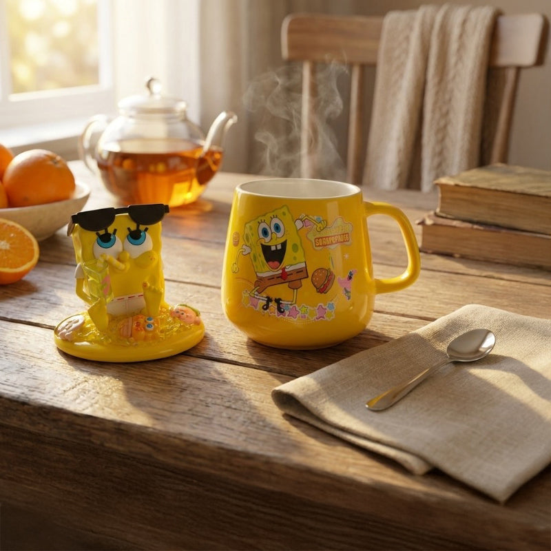 Smiley SpongeBob Ceramic Coffee Mug With Lid (350 mL) - 350 mL