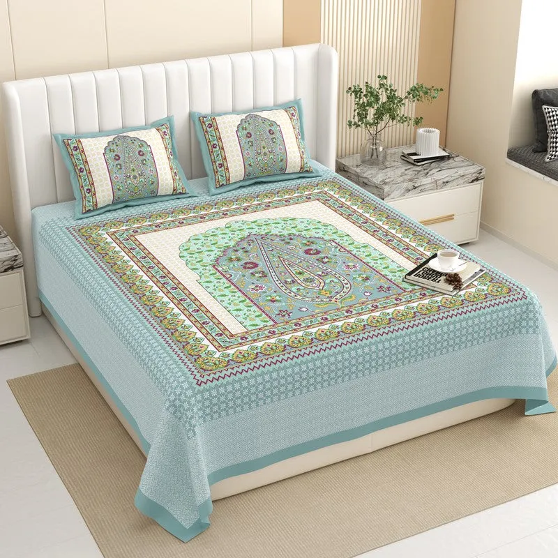 Ethnic Bloomy Cotton Bedsheet (Green,Blue) - 120 TC media 1