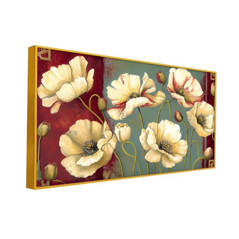 Crimson & Ivory Poppies Floral Canvas Wall Painting With Frame - Gold media 3