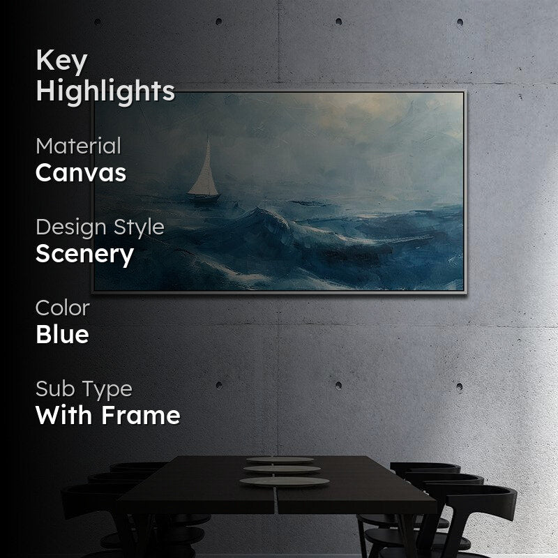 Solitude In Blue Landscape Canvas Wall Painting With Frame - White media 2