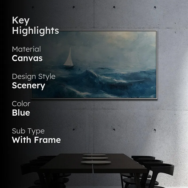 Solitude In Blue Landscape Canvas Wall Painting With Frame - White media 2