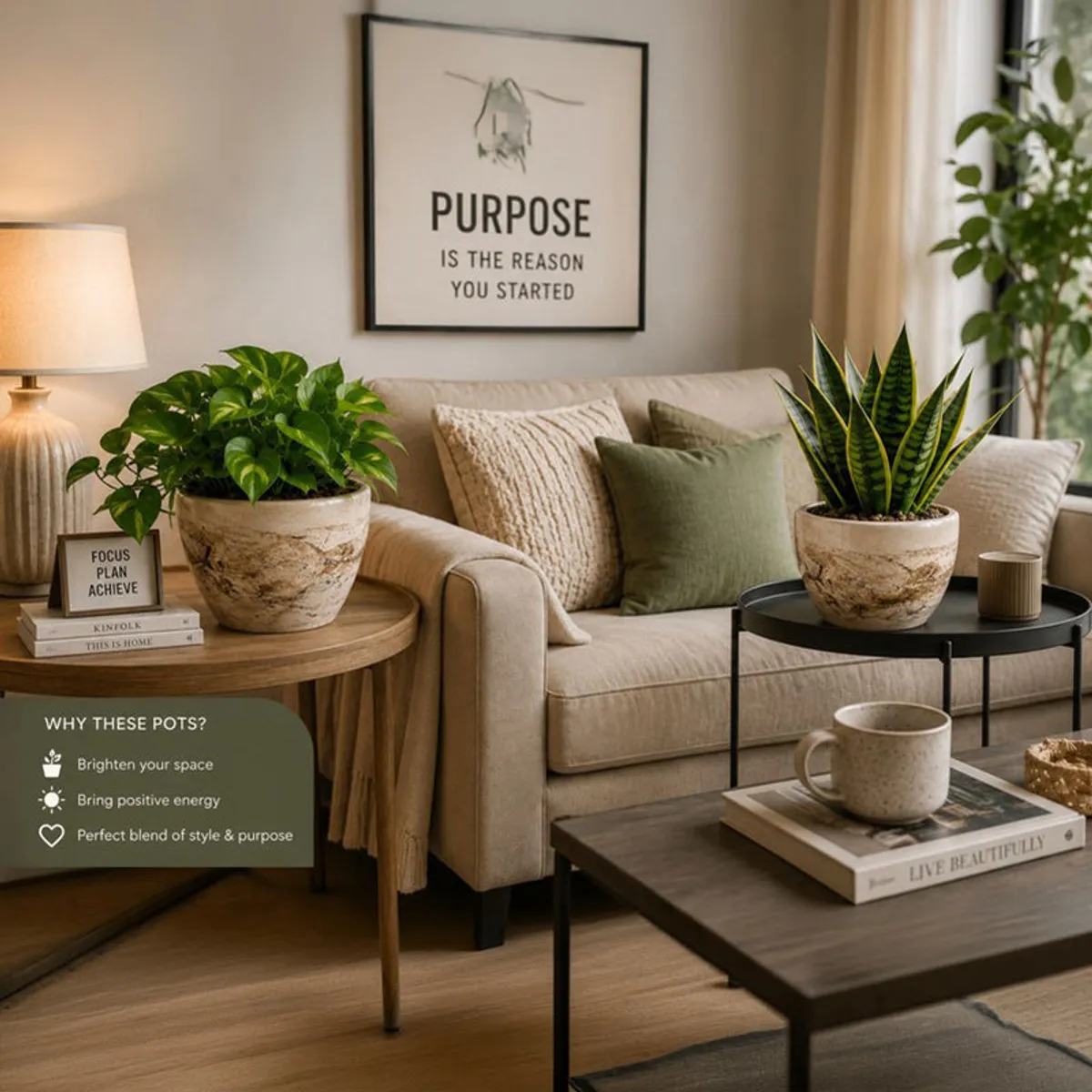 Two ceramic planters with plants styled in a contemporary living room.