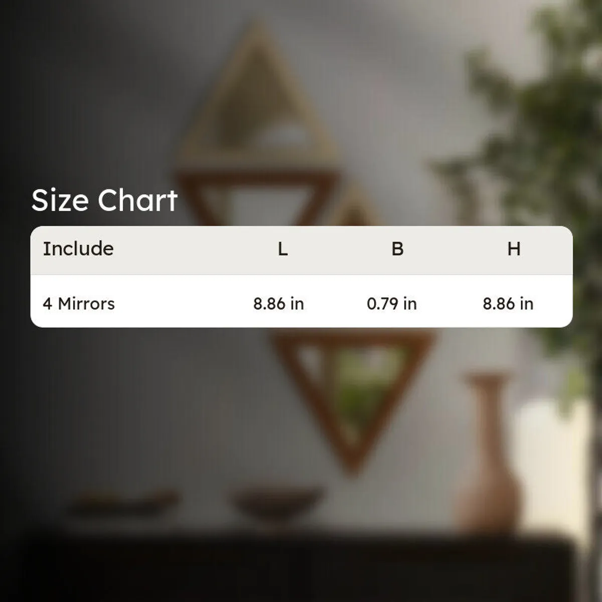 Size chart graphic for a set of four mirrors