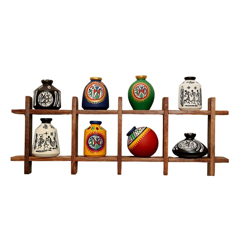 Indradhanu Terracotta & Wood Wall Shelf With Bharni - Nine Piece Set media 3