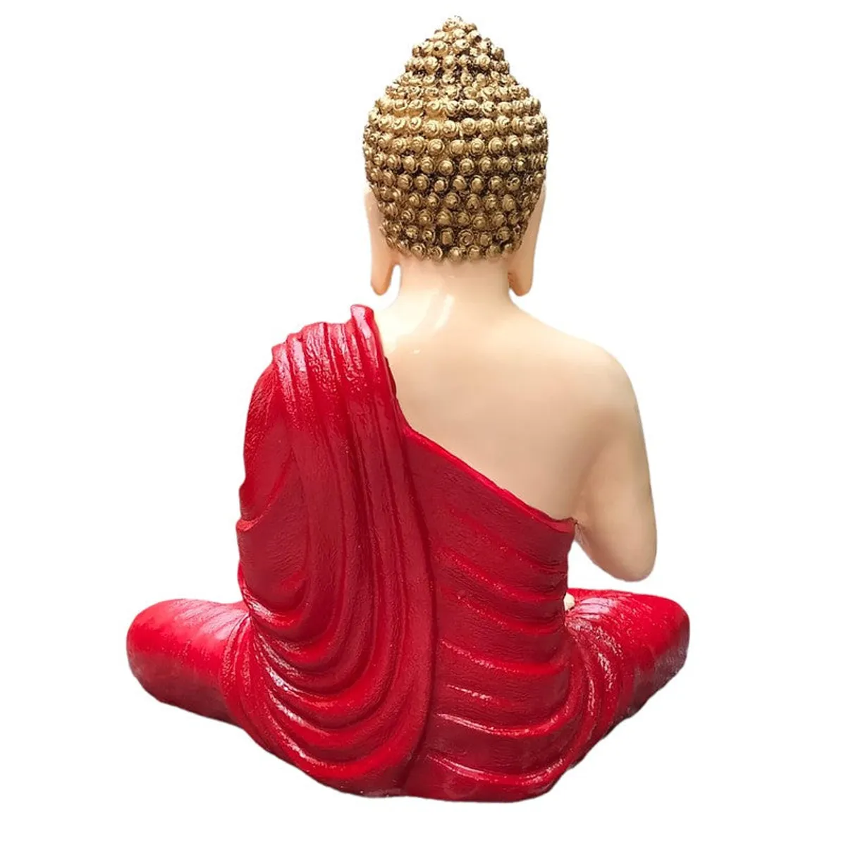 Back view of Buddha showpiece with red draped robe and textured hair