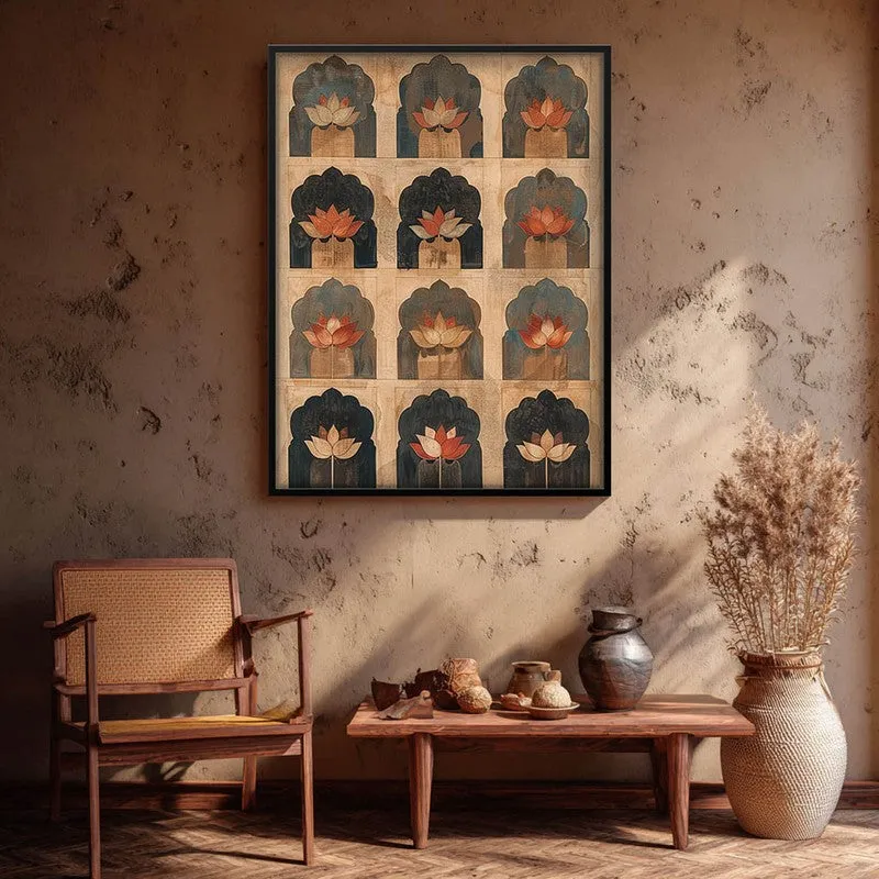 Heritage Lotus Arch Motif Canvas Wall Painting With Black Frame media 8