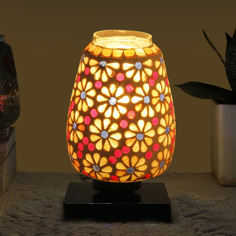 Shineva Glass Table Lamp With Wooden Base - Multicolor