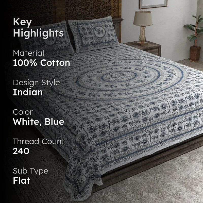 Petalel Cotton Bedsheet (White,Blue) - 240 TC media 2