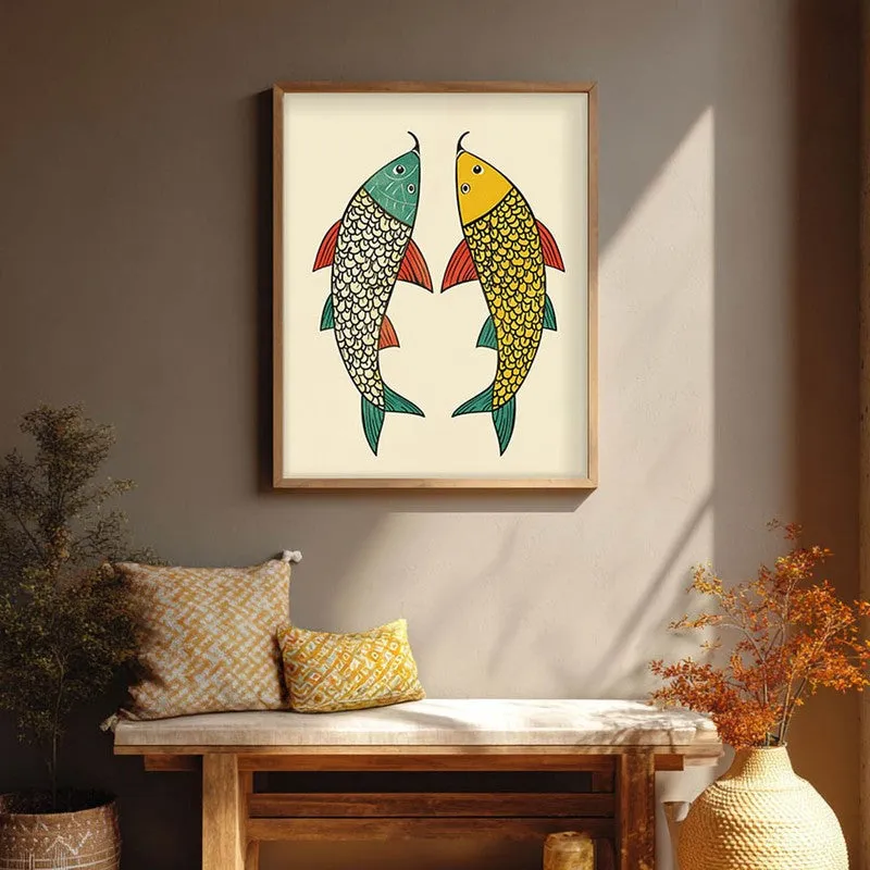 Twin Fish Folk Art Canvas Wall Painting With Brown Frame media 8