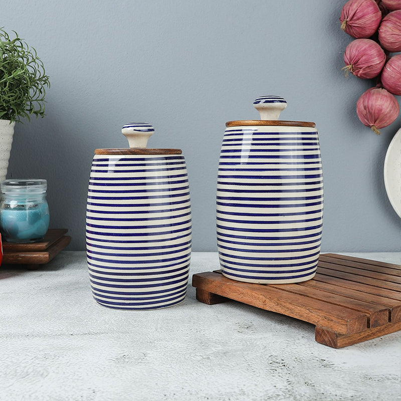 Tiare Curve Ceramic Jar (Blue/350 mL Each) - Set Of Two - 350 mL