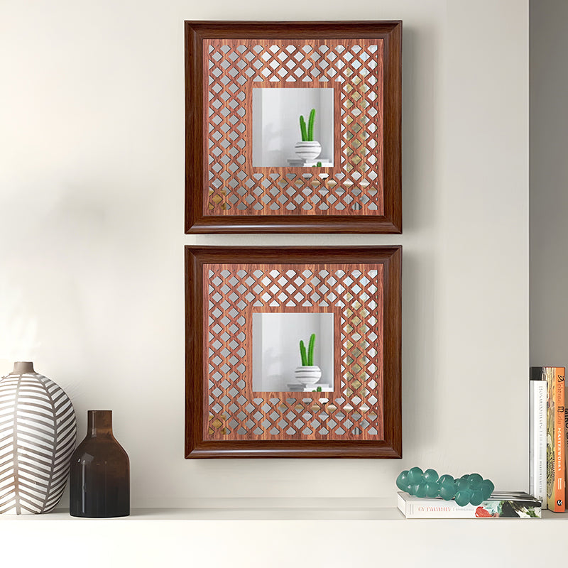 Jharokha View Decorative Wall Mirror (Brown) - Set Of Two media 3