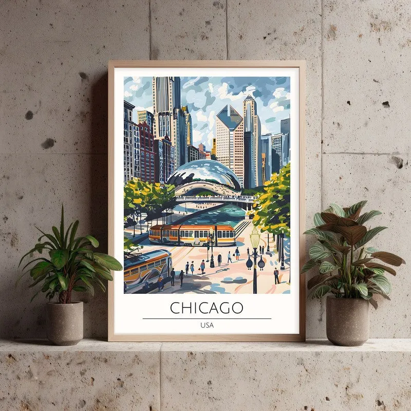 Vintage Chicago Framed Canvas Archival Canvas Wall Painting - Natural Brown Frame media 3