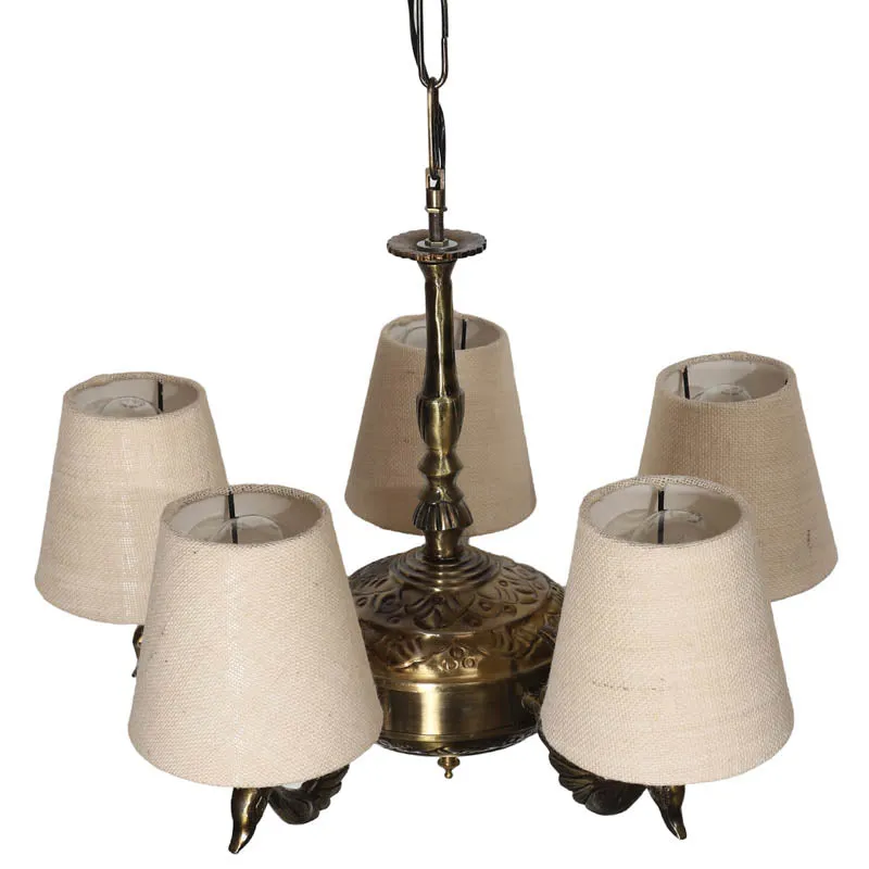 Top view of the antique brass ceiling lamp with beige shades