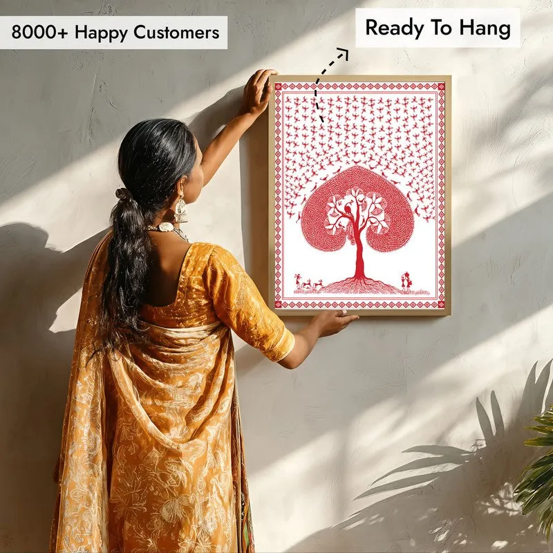Rosy Grove Framed Warli Canvas Archival Canvas Wall Painting - Natural Brown Frame media 7