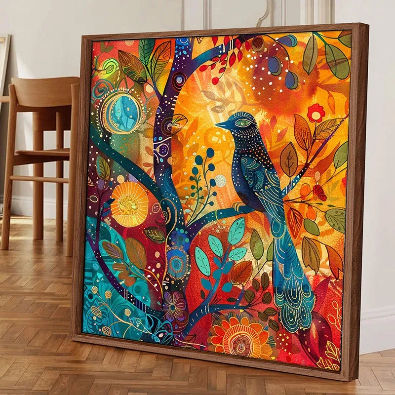 Large framed bird artwork leaning against a wall in a room setting