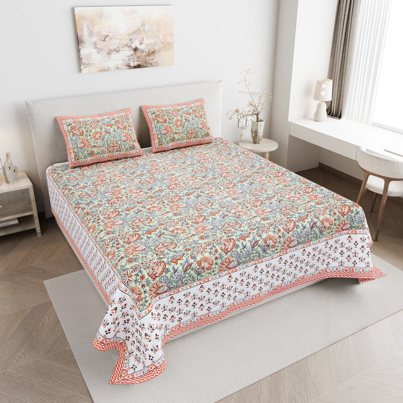 BlossomAura Cotton Bedsheet (Peach) - 144 TC