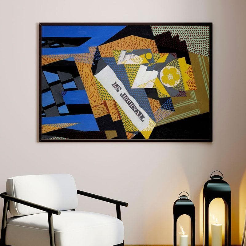 Newspaper And Fruit Dish Canvas Painting - Black Frame