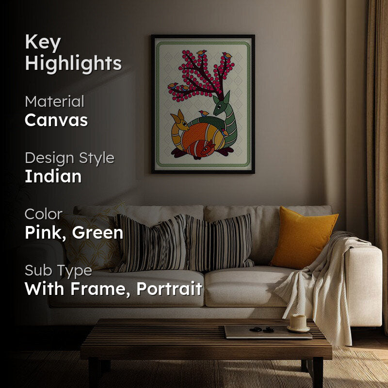 Deer In Color Framed Madhubhani Canvas Wall Painting media 2
