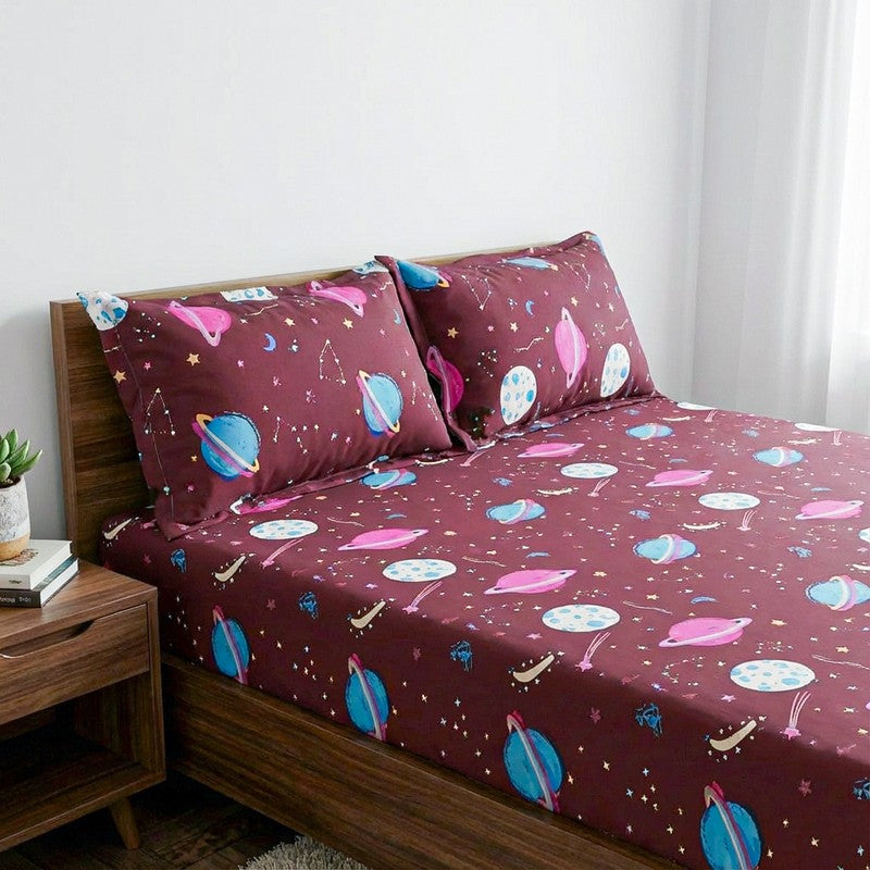 Galaxy Ride Kids Neon Print Cotton Bedsheet (Maroon) - 144 TC media 3