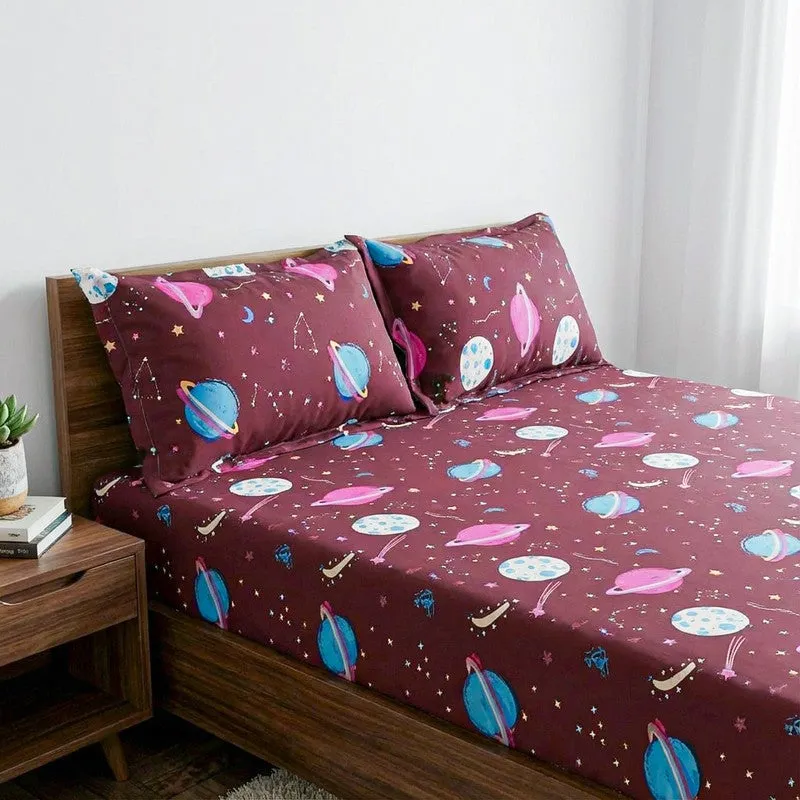 Galaxy Ride Kids Neon Print Cotton Bedsheet (Maroon) - 144 TC media 3