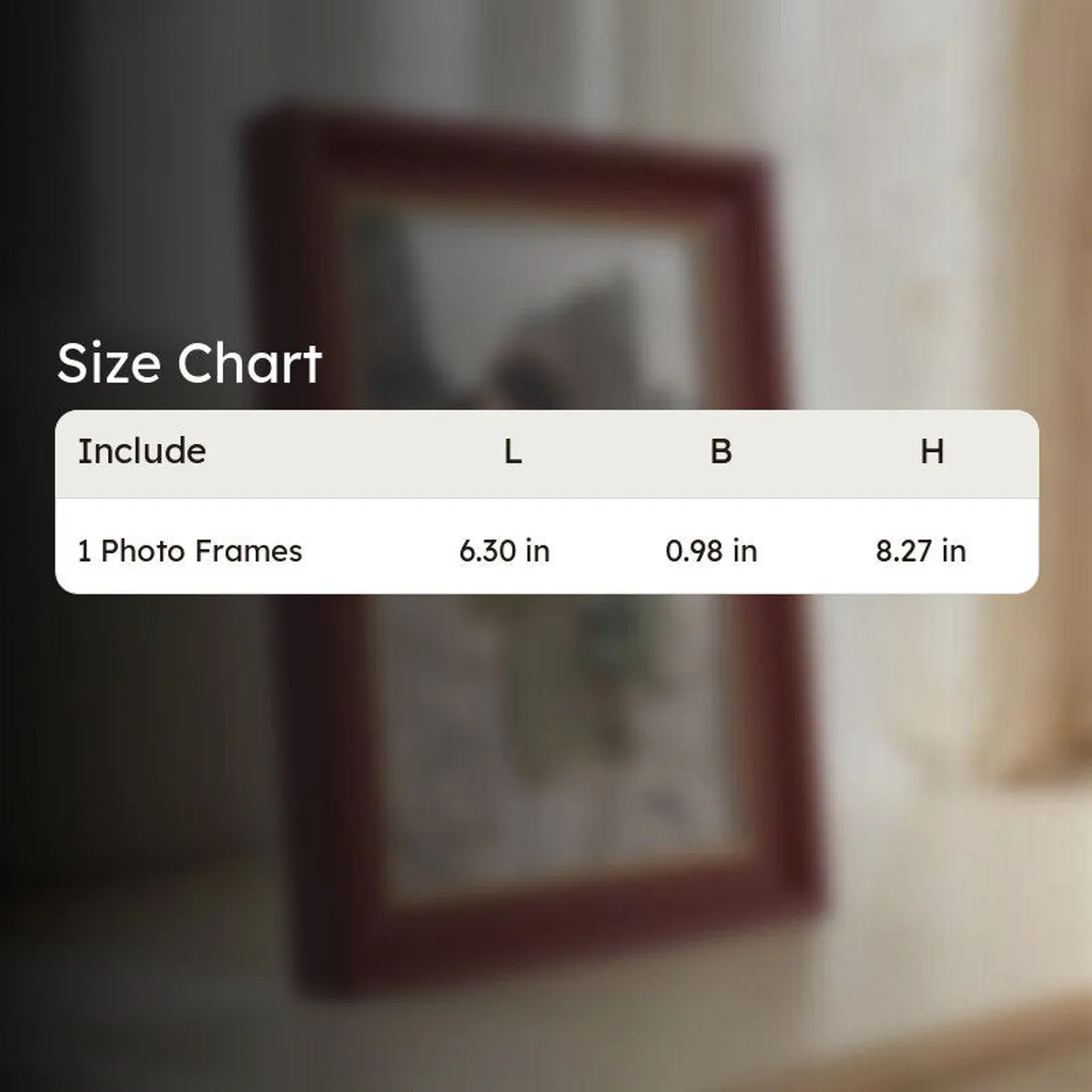 Brown rectangular photo frame shown with its dimensions in a size guide.