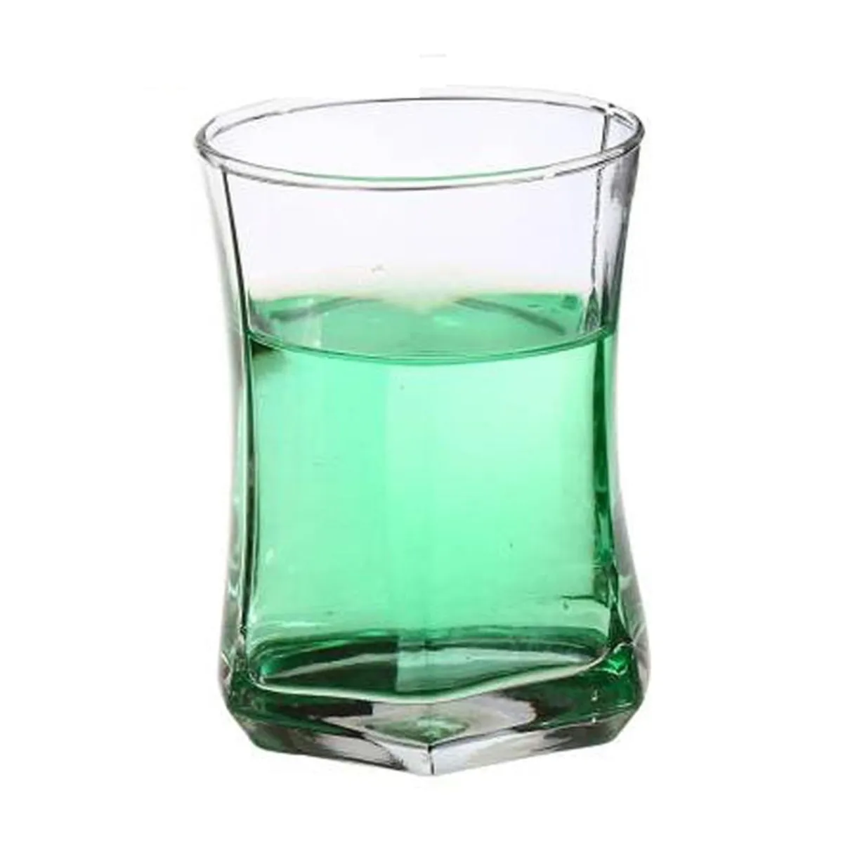 Transparent glass tumbler shown against a white background
