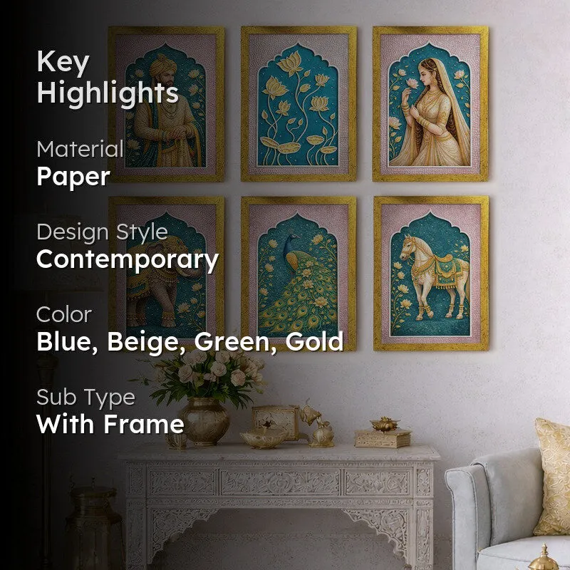 Vintage Valour Paper Wall Paintings With Frame - Set Of Six media 2