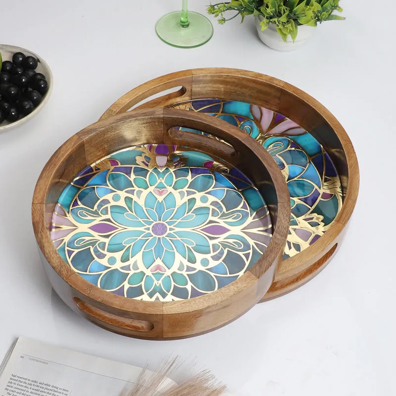 Floral Feast Round Wooden Serving Tray - Set of Two media 1