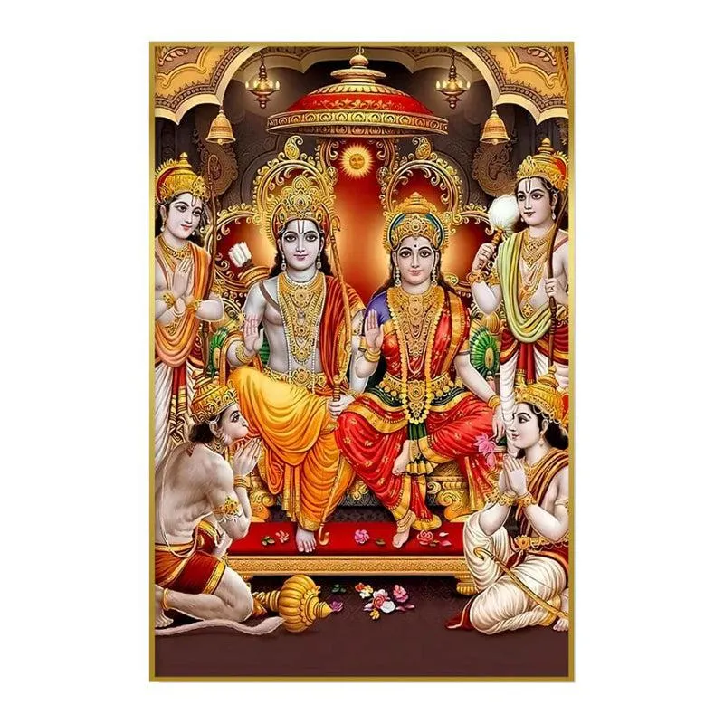 Lords Of Ayodhya Spiritual Canvas Wall Painting With Frame - Gold media 3