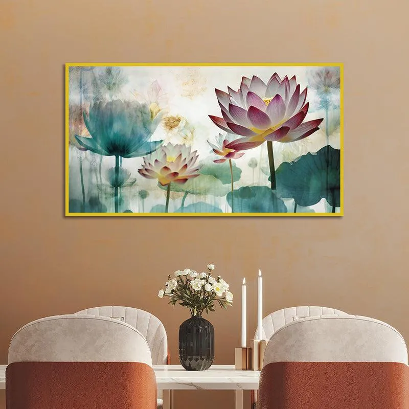 Lotus Whispers Floral Canvas Wall Painting With Frame - Gold media 1